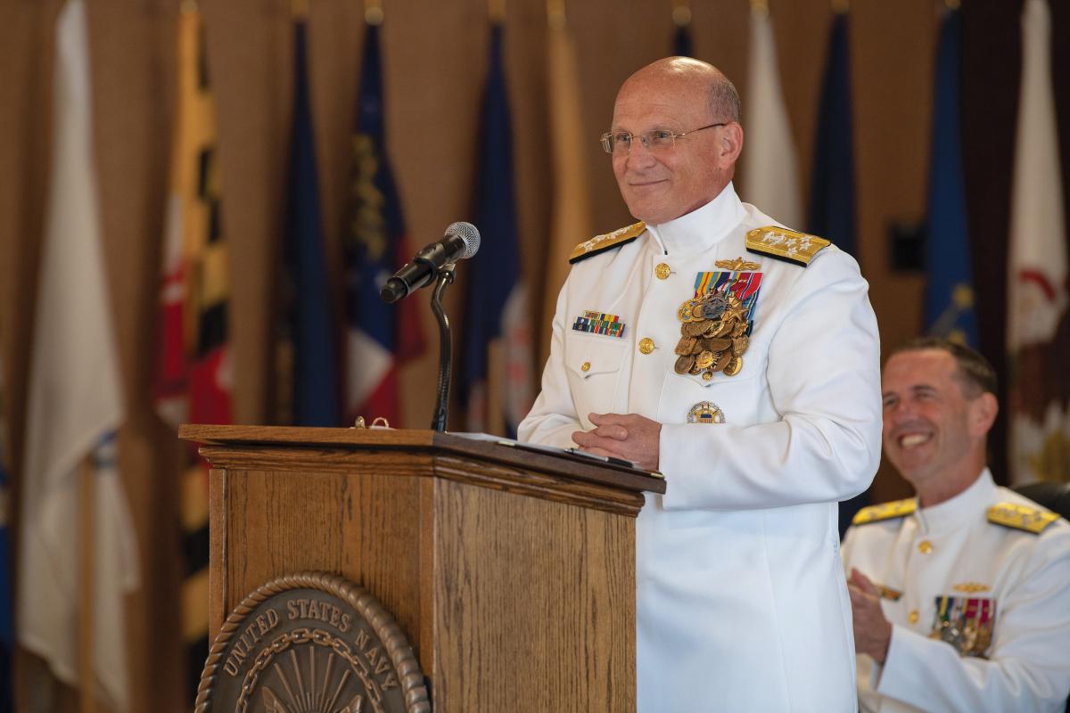 Chief of Naval Operations (CNO) Adm. Mike Gilday delivers his first remarks as the 32nd CNO during a change of command ceremony