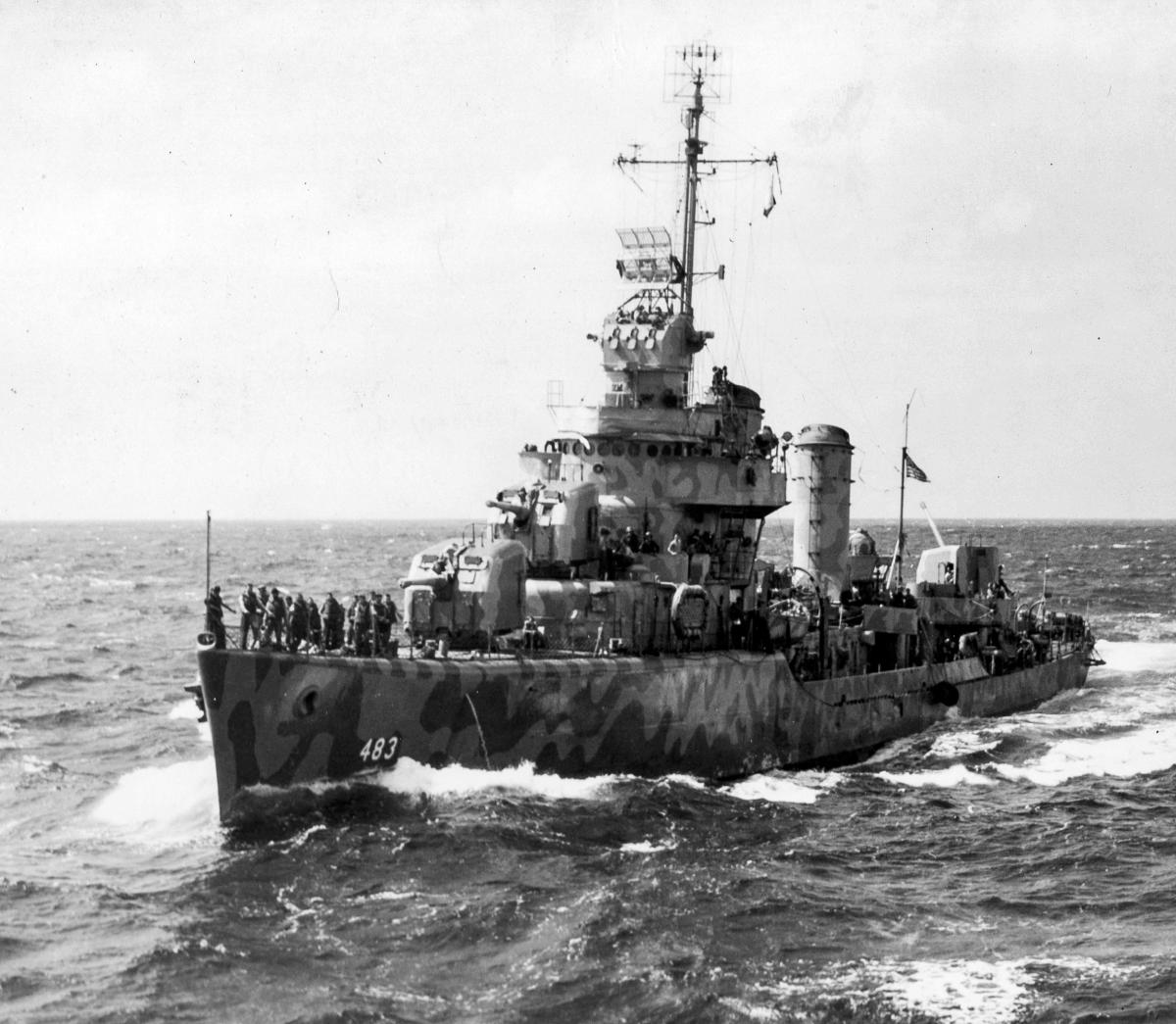 Surface port bow view of the USS Aaron Ward (DD-483) underway at sea