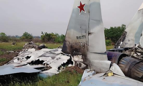 The wreckage of a Russian Su-30SM fighter jet shot down over Ukraine in the summer of 2022.