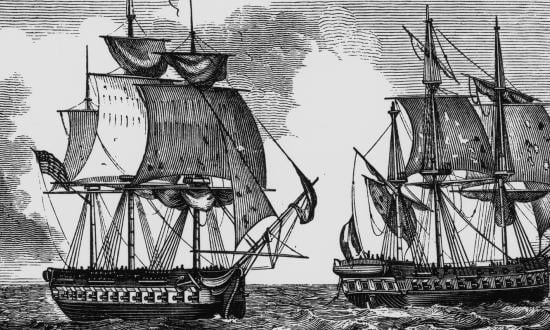 •	A print of the frigates USS Constellation and L'Insurgente at sea.