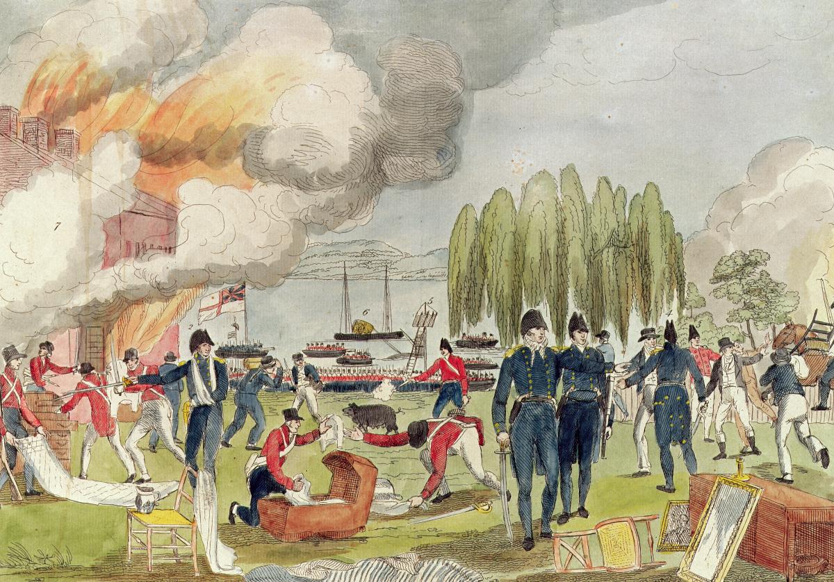 Drawing of the burning of Havre de Grace, Maryland by the British Royal Marines