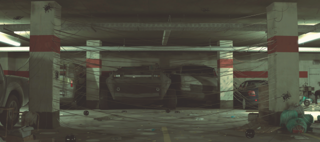 Illustration of a future war showing the interior of a parking garage with booby traps