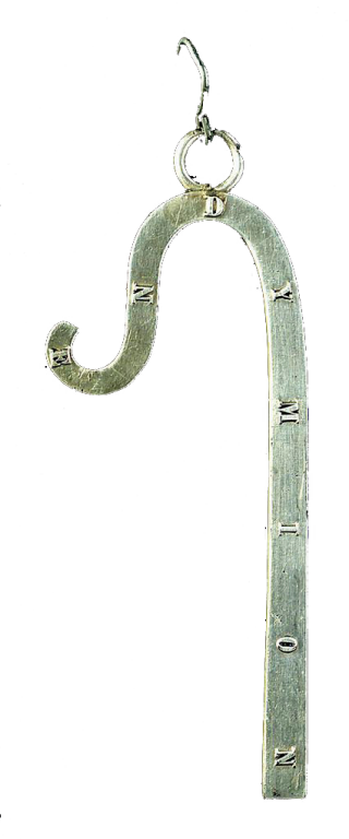 Silver badge of the HMS Endymion in the shape of a Shepherd's Crook