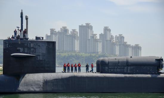 USS Ohio in South Korea, sailors standing on deck