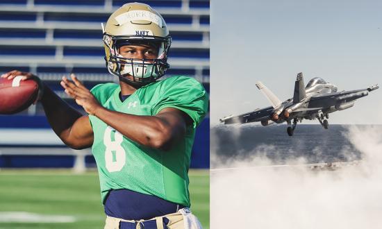 Navy footballer composited with a E/A-18 Growler taking off through catapult steam