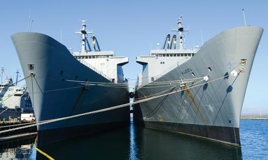 The SS Capella (T-AKR-293) and Algol (T-AKR-287), fast sealift ships of the Ready Reserve Force, wait moored in Alameda, California. Of the many issues the U.S. Navy would face in a conflict in the western Pacific, shortfalls in logistics—sealift in particular—could be the most significant.