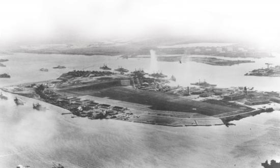 Aerial view of Ford Island, Pearl Harbor, under attack on 7 December 1941