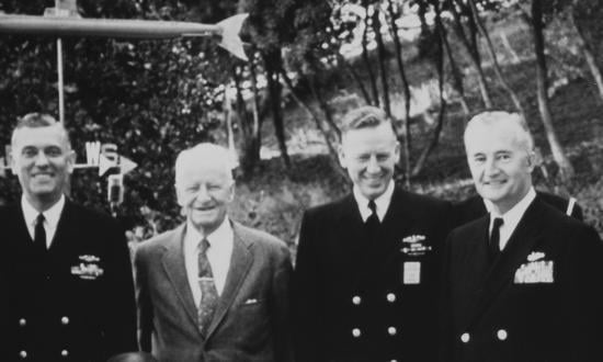 The “no collision” incident was typical of World War II submariners, such as those gathered here in 1964: (from left to right) Rear Admiral John A. Tyree Jr., Vice Admiral Vernon L. Lowrance, Fleet Admiral Chester W. Nimitz, Rear Admiral Eugene B. Fluckey, Rear Admiral I. J. “Pete” Galantin, and Rear Admiral Eugene P. Wilkinson.
