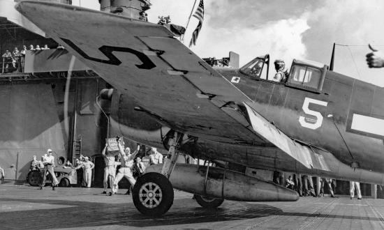 Hellcat Fighter aircraft is launched from the aircraft carrier USS Yorktown during the Battle of the Philippines Sea.
